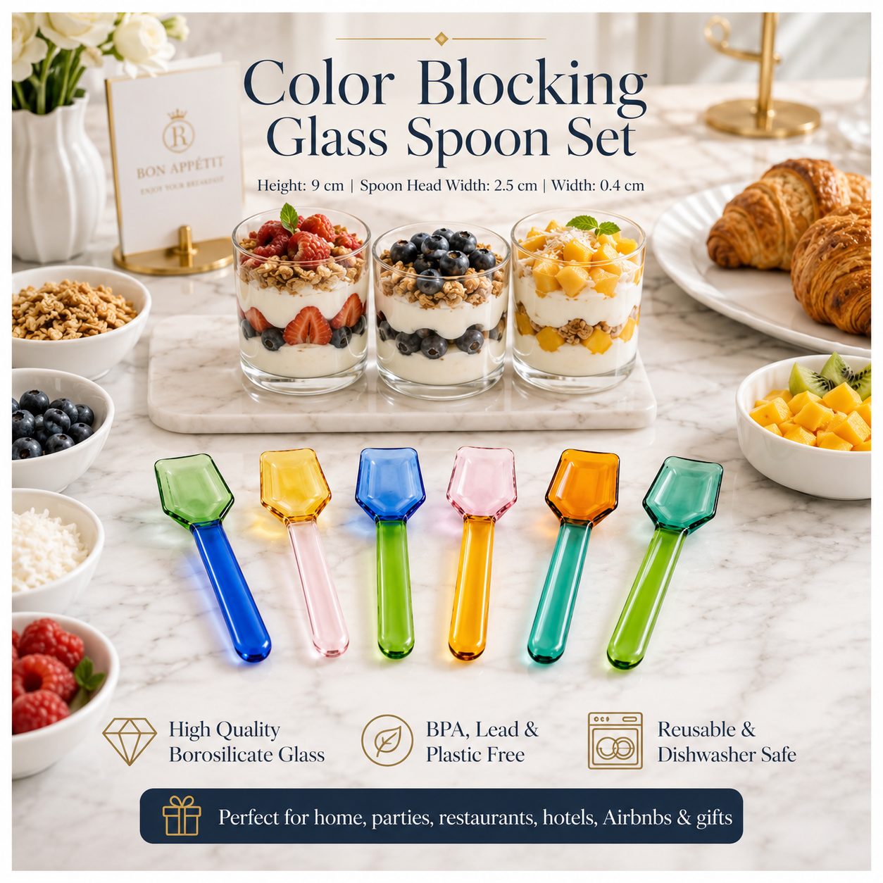 High Quality BPA Free-Color Blocking Borosilicate Glass Spoon-Set of 6- 9cm
