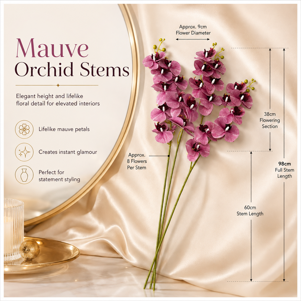 3 Piece Decorative Orchid Stem Set – Beautiful Tall Flowers -98 cm