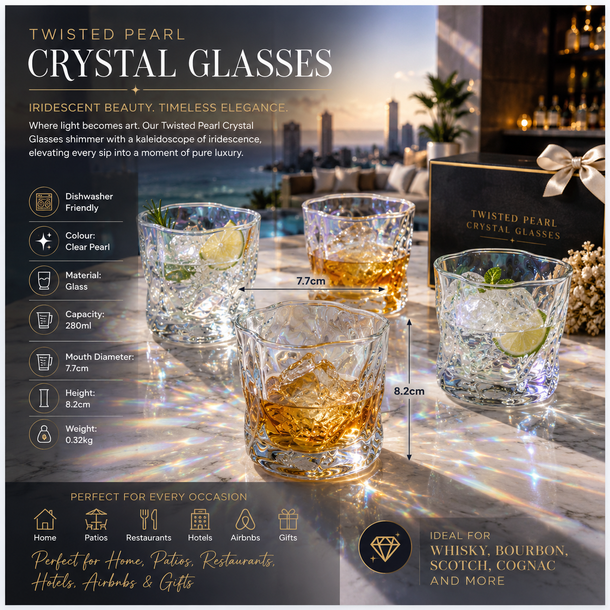 Luxury 4-Piece Twisted Shining Pearl Crystal-Look Glass Set – 280ml