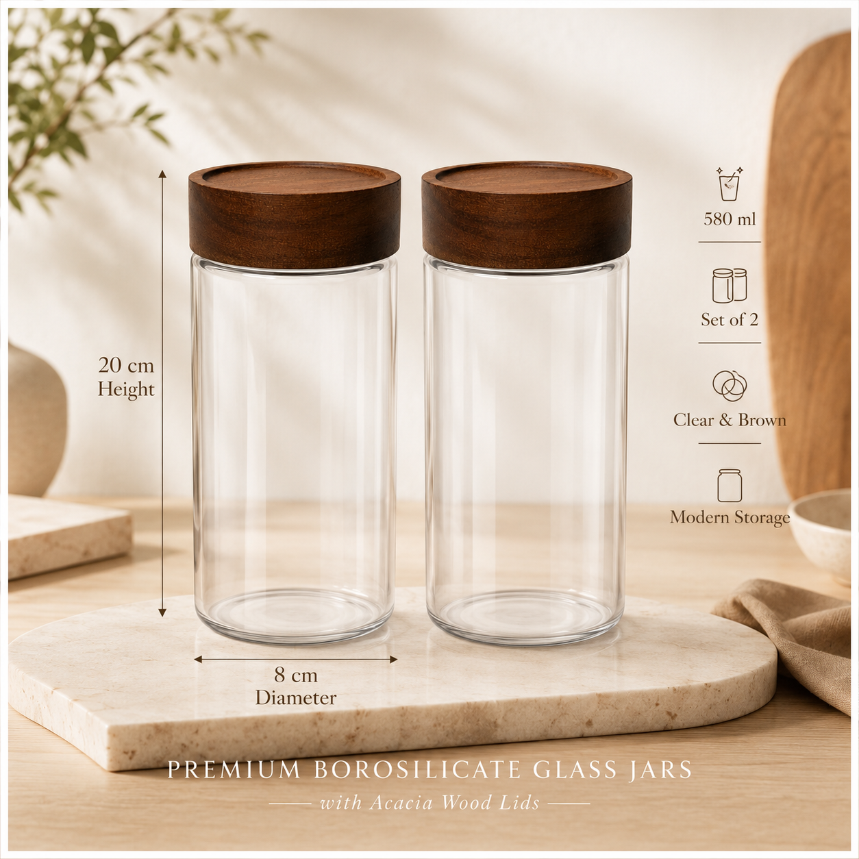 Set of 2 Borosilicate Sealed Glass Jars with Acacia Wood Lids – 580ml Each