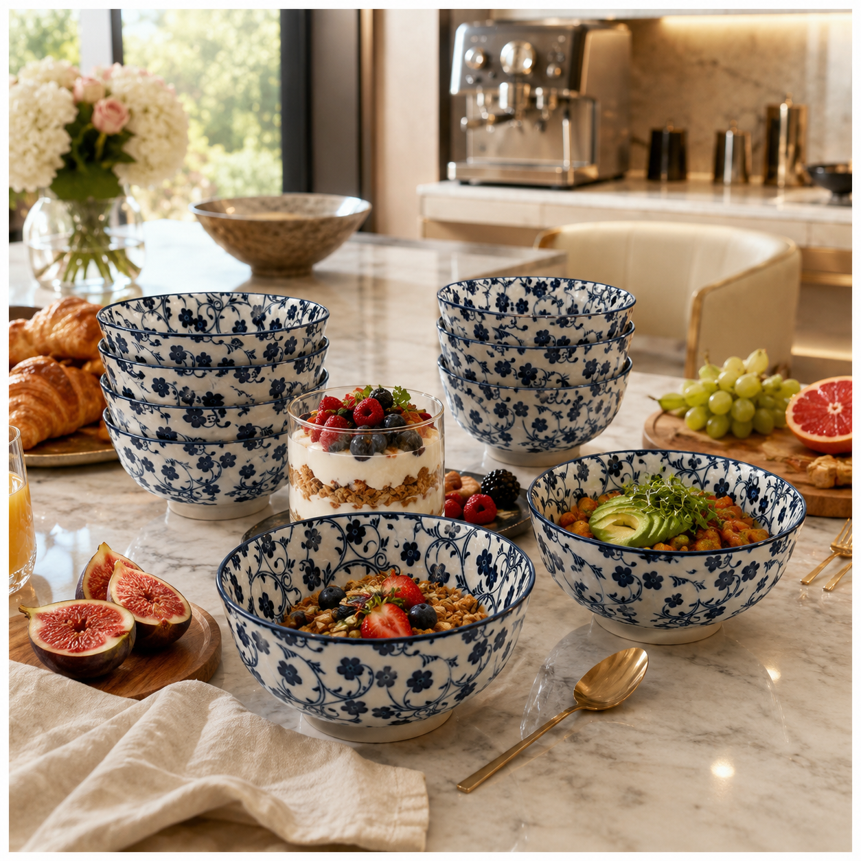 Elegant 10-Piece Blue and White Porcelain Starter Bowl Set