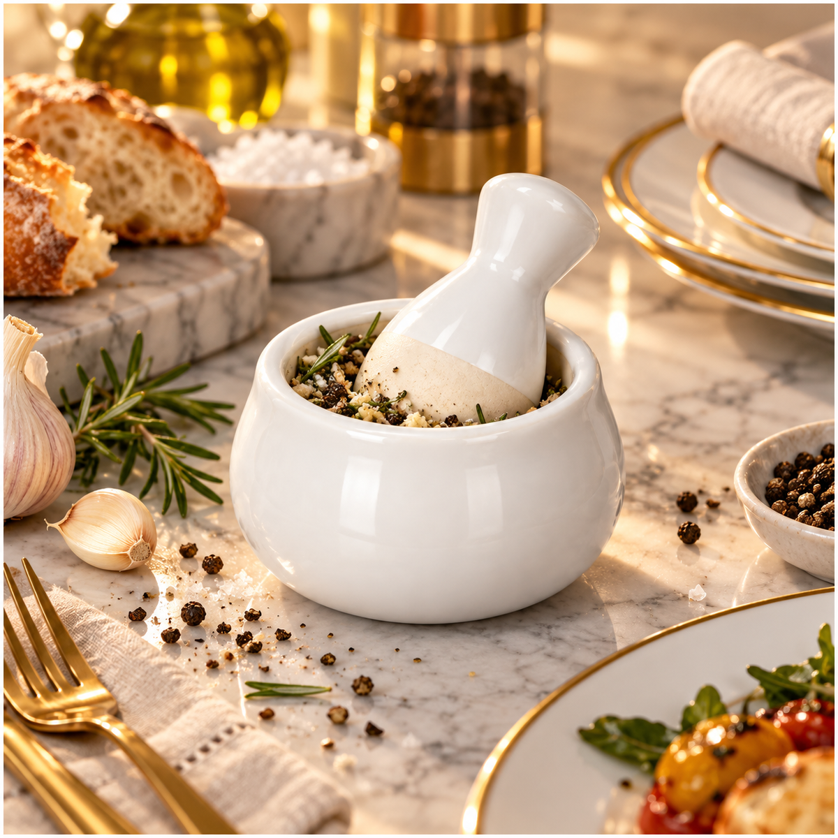 Mini Ceramic Mortar and Pestle Set - White Cream - Herb and Spice Grinder