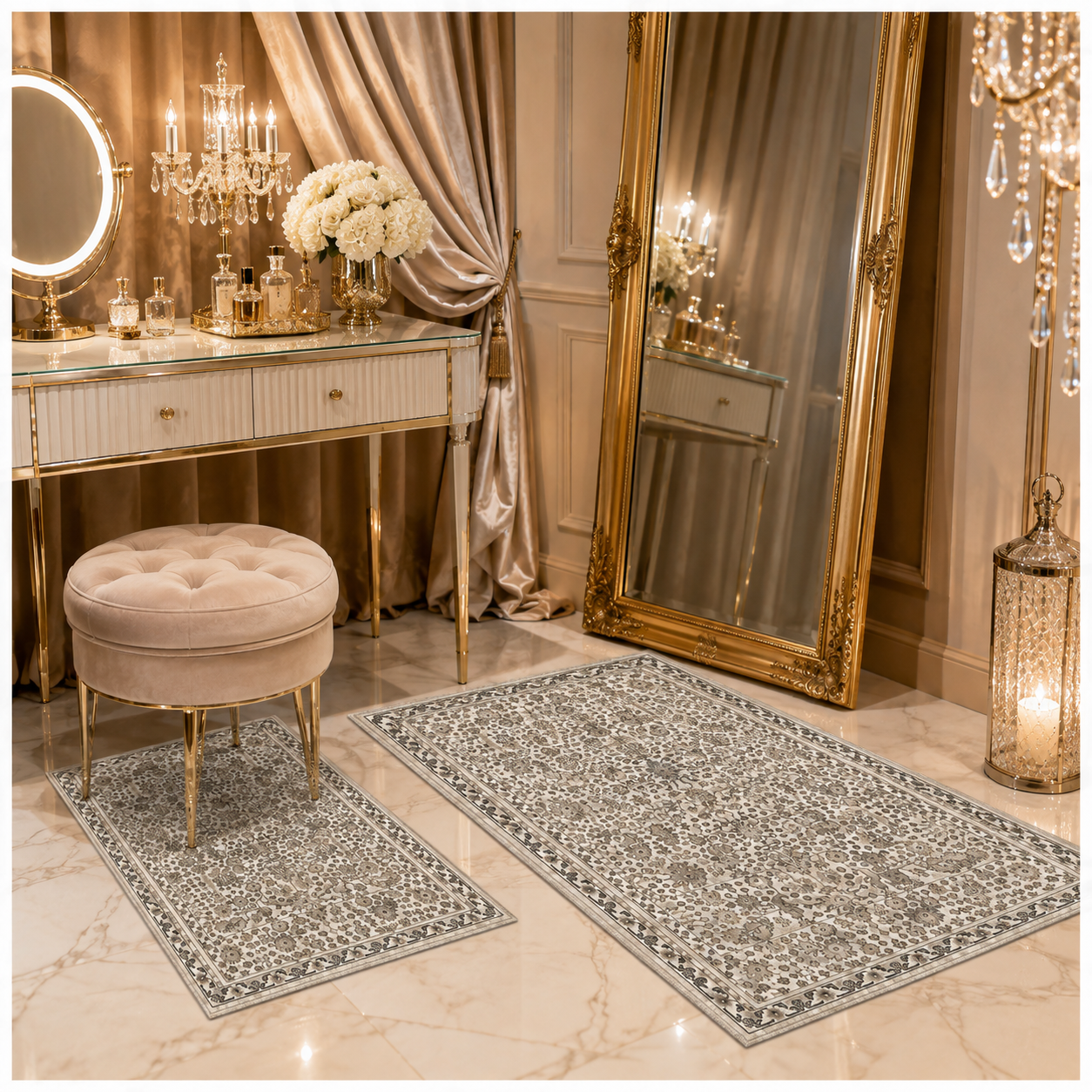 2-Piece Accent Persian Carpet Set–Charcoal Grey and Ivory-50x84cm-60x102 cm