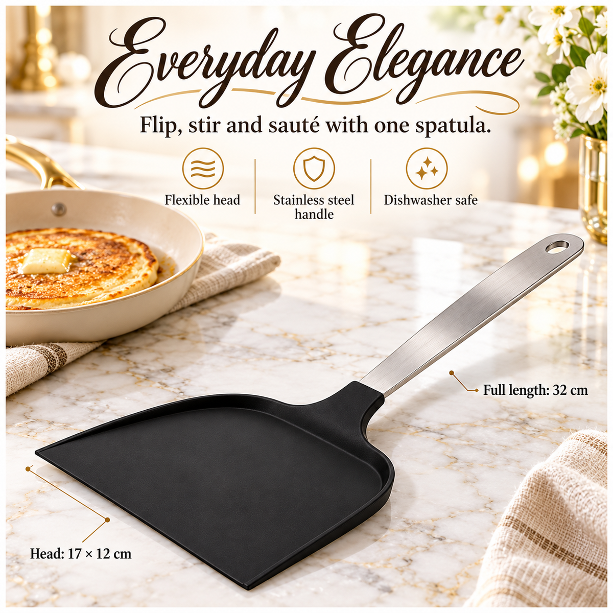 Wide Pancake Turner Spatula–Flexible Head and Stainless Steel Handle, 32 cm