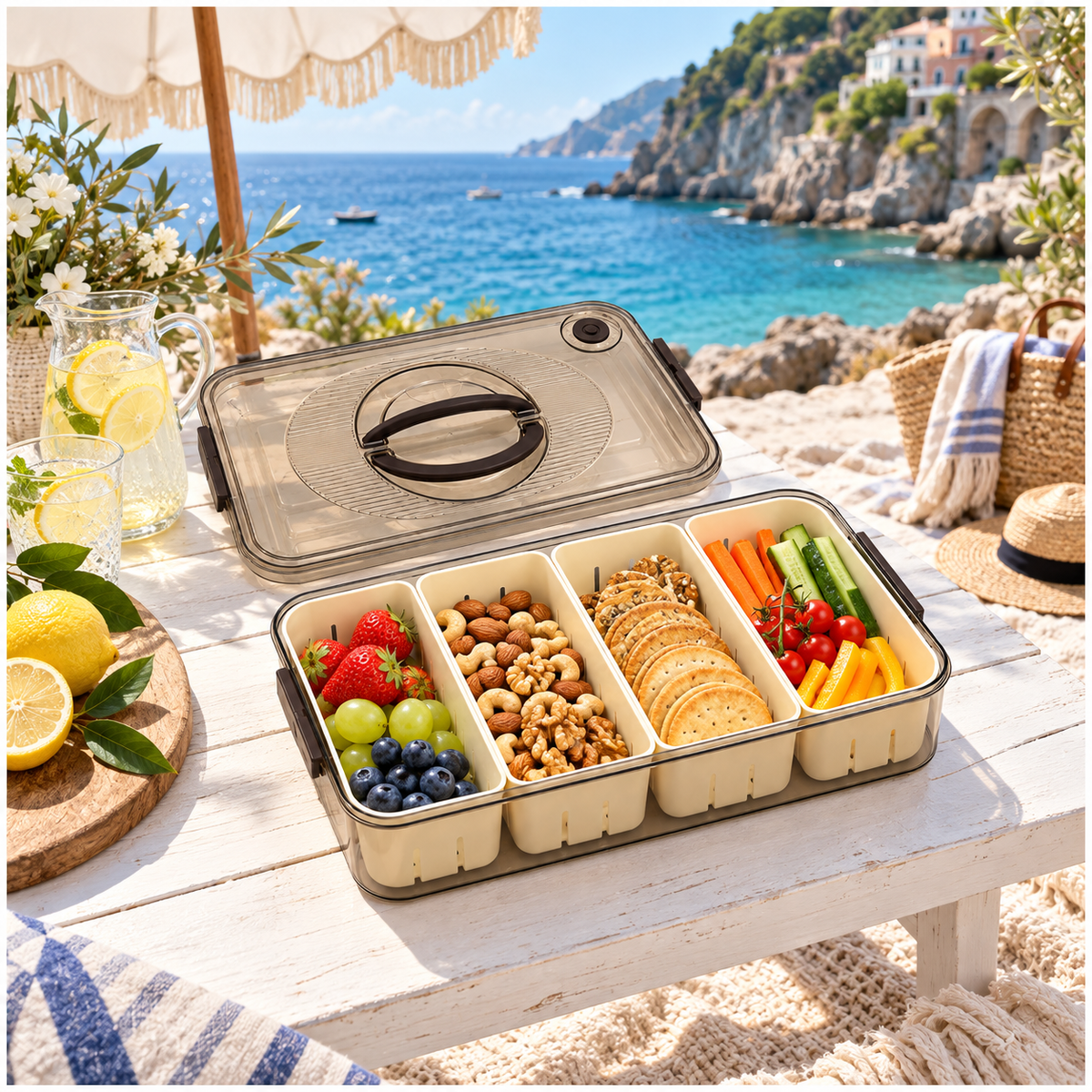 Portable 4-Compartment Snack Platter for Home, Picnics, Parties and Travel