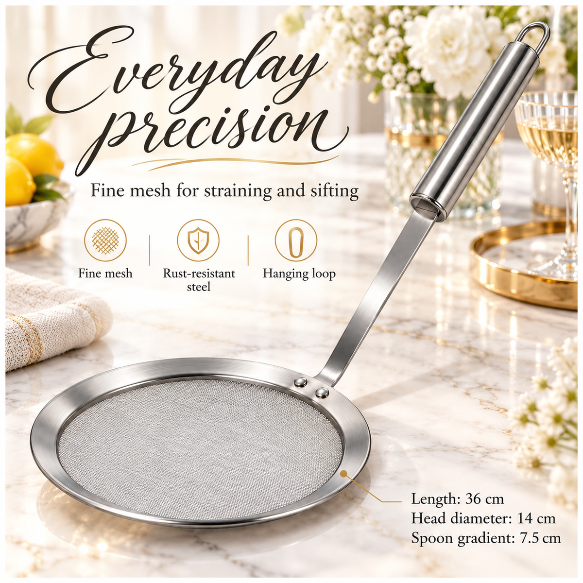 Stainless Steel Fine Mesh Strainer and Skimmer - Long Round Handle Silver