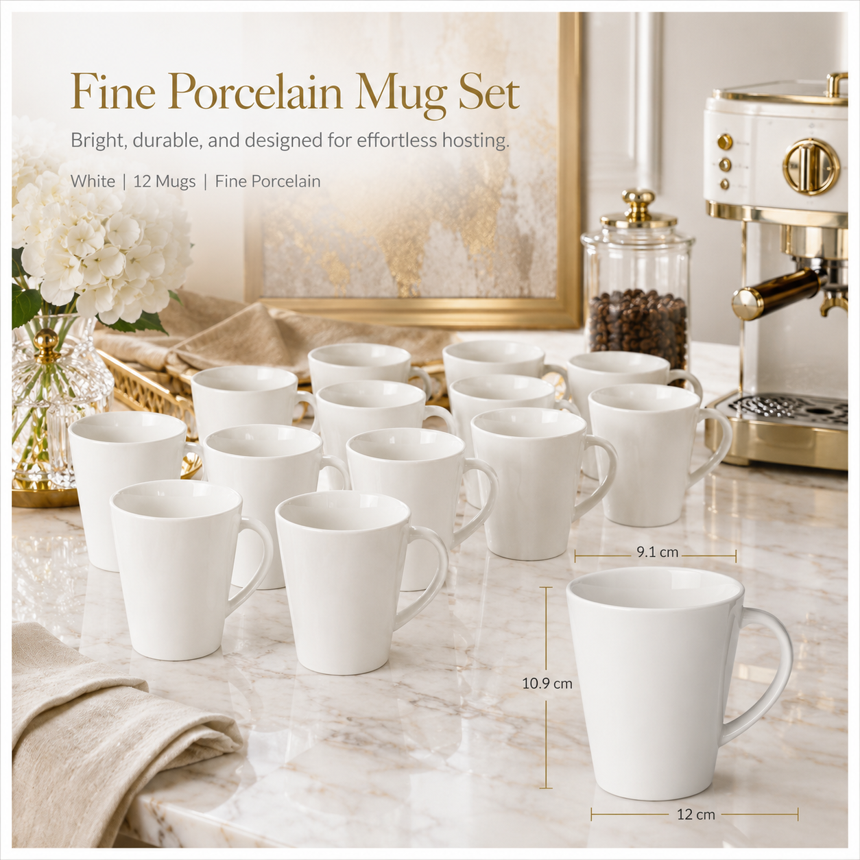 Essential 12-Piece White Fine Porcelain Coffee and Tea Mug Set