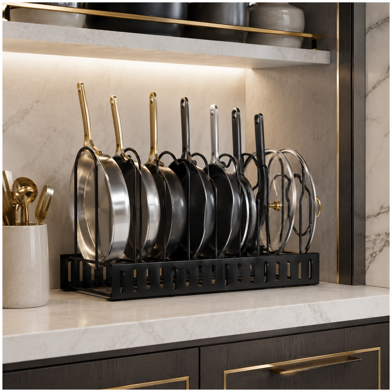 Essential Black Metal Adjustable Cookware Storage Rack-Cookware Organizer