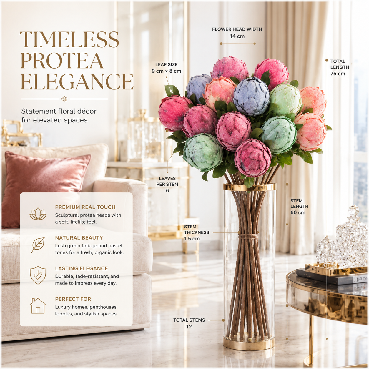 Protea Statement Bouquet – Luxury High End 12-Stem Decorative Arrangement
