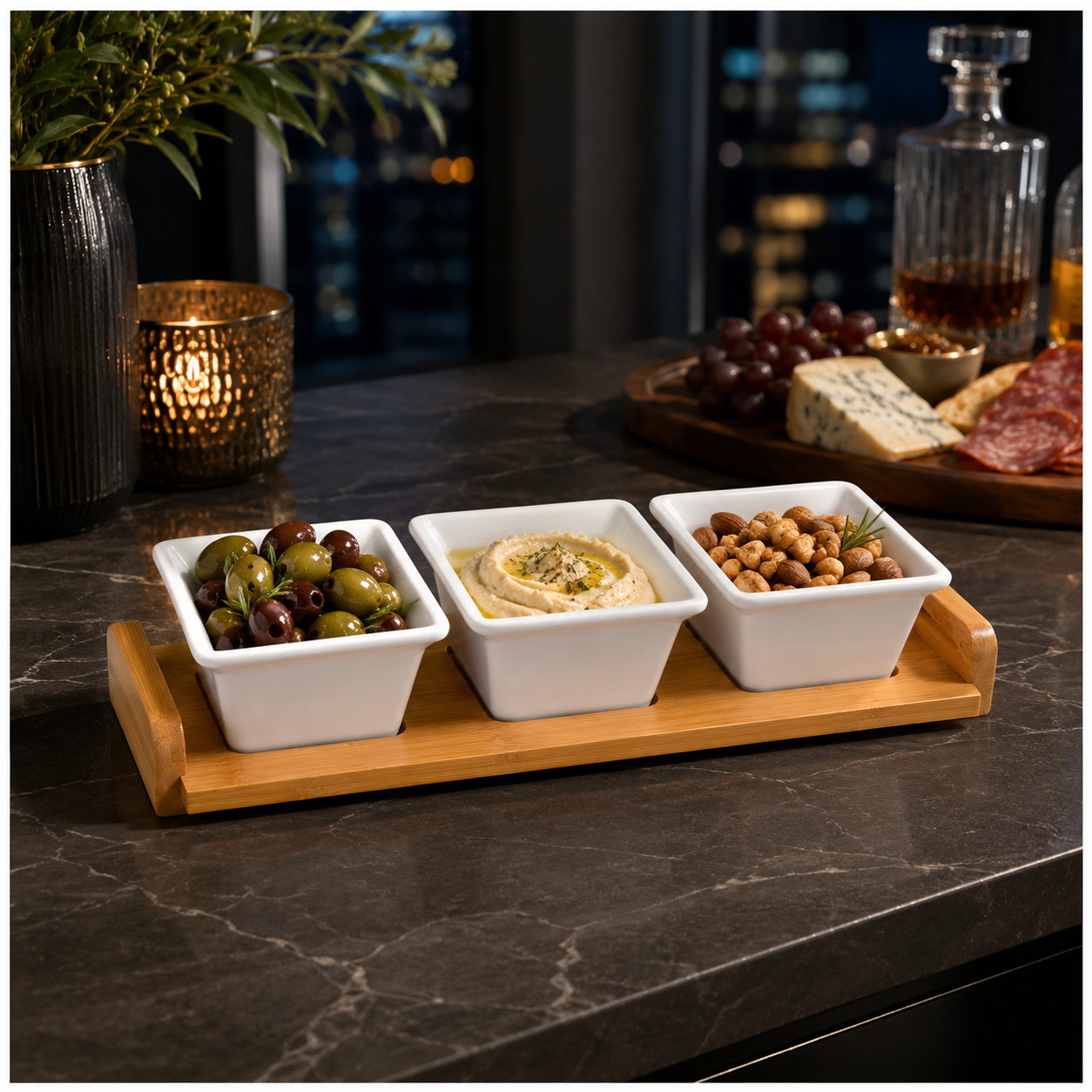 4 Piece Beauitiful Ceramic Snack Bowl Set with Wooden Serving Board- 34 cm