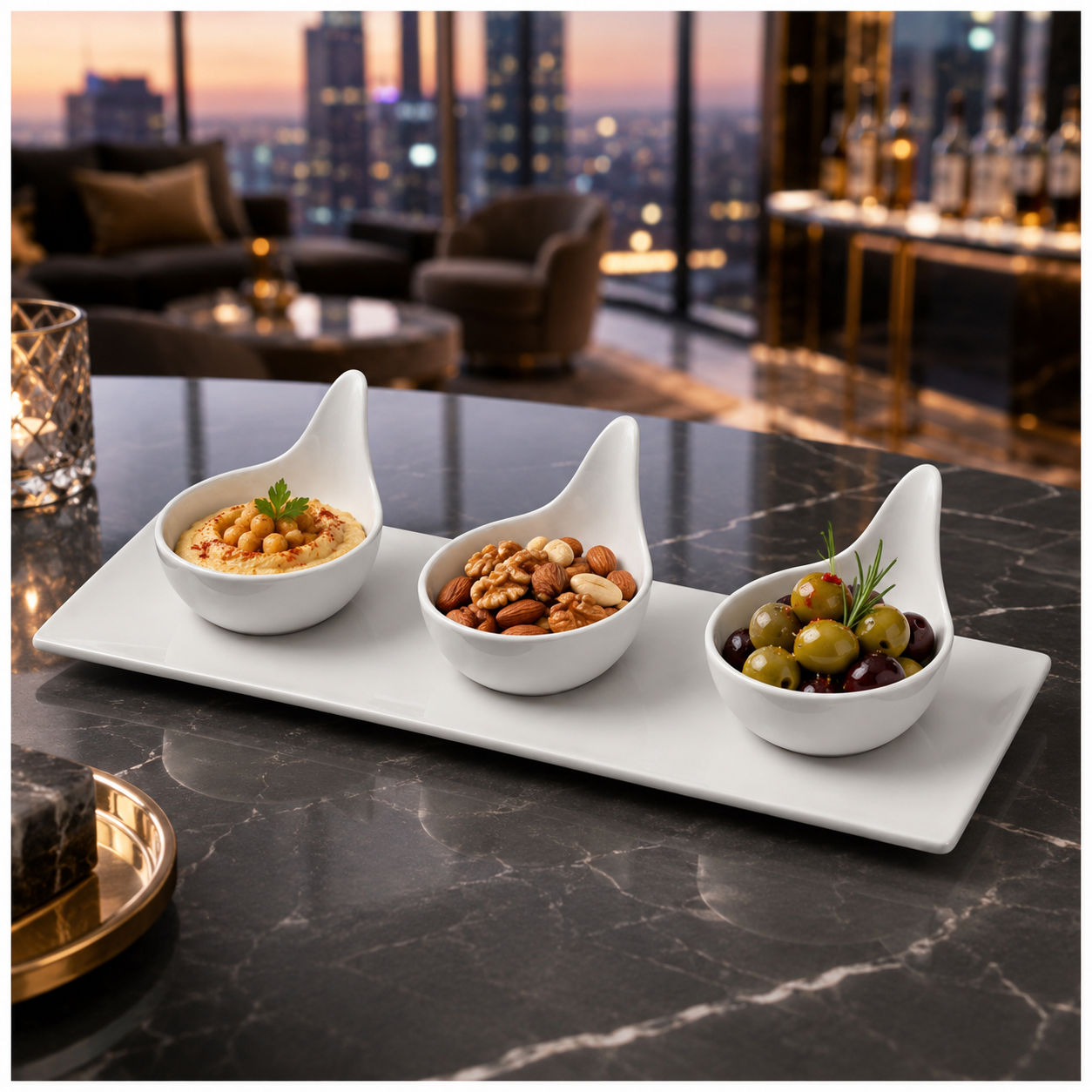 Luxury 3-Piece High Quality Fine Porcelain Serving Bowl and Tray Set- White