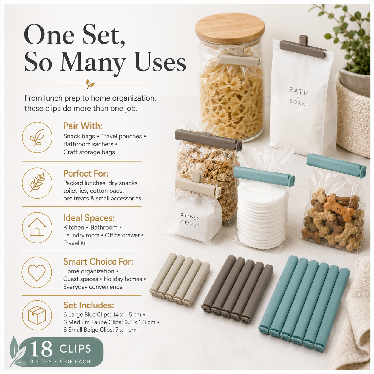 18-Piece Food Sealing Clip Set – 3 Sizes, Reusable Bag Clips for Preserving