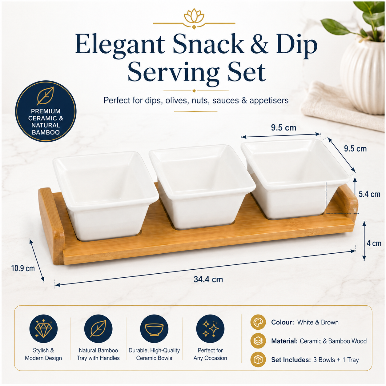 4 Piece Beauitiful Ceramic Snack Bowl Set with Wooden Serving Board- 34 cm