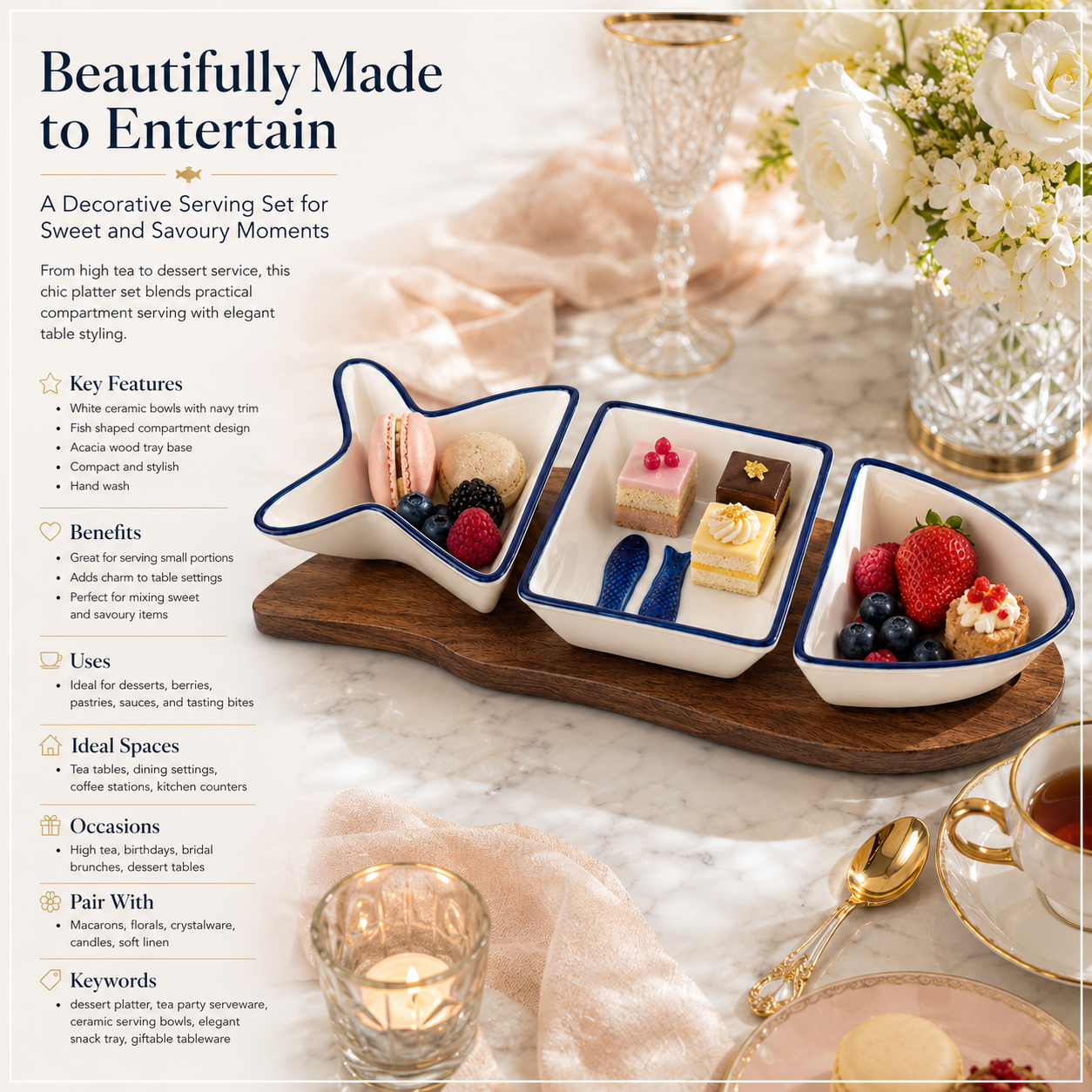 Beautiful Ceramic Fish-Shaped 4-Piece Snack Platter Wooden Acacia Tray