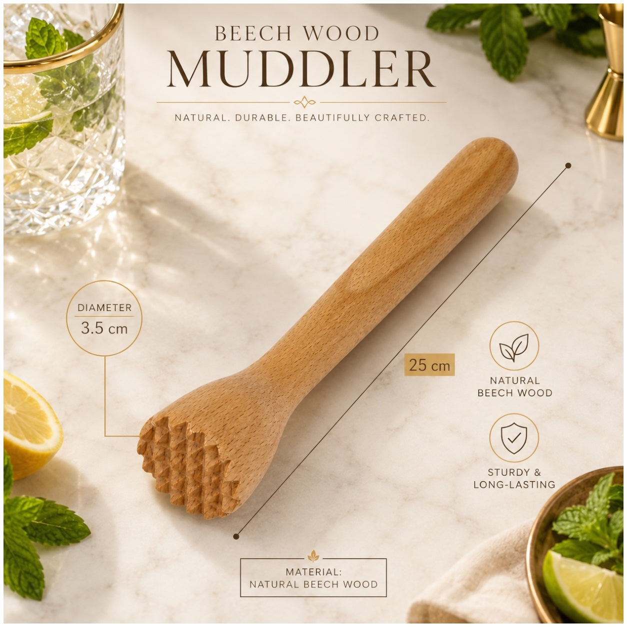 Beech Wood Cocktail Muddler – 25cm Natural Wooden Juice Blender