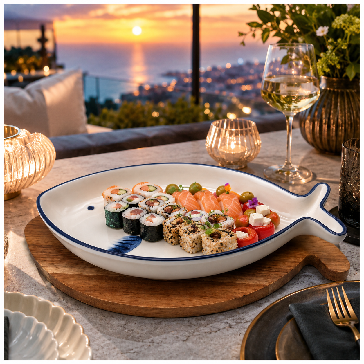 Fish Shaped Snack Serving Platter with Wooden Tray – Ceramic & Acacia Wood Serveware Set