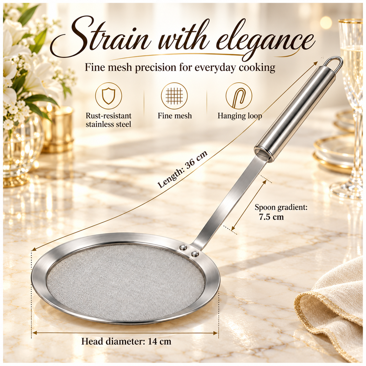 Stainless Steel Fine Mesh Strainer and Skimmer - Long Round Handle Silver