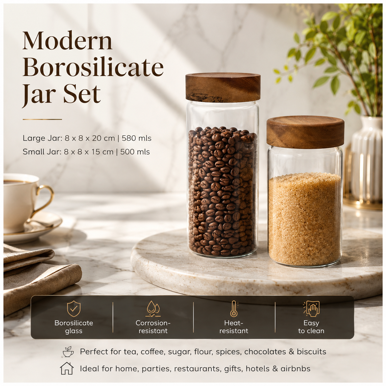 2-Piece Glass Storage Jar Set with Solid Acacia Wood Lids – 580ml and 500ml