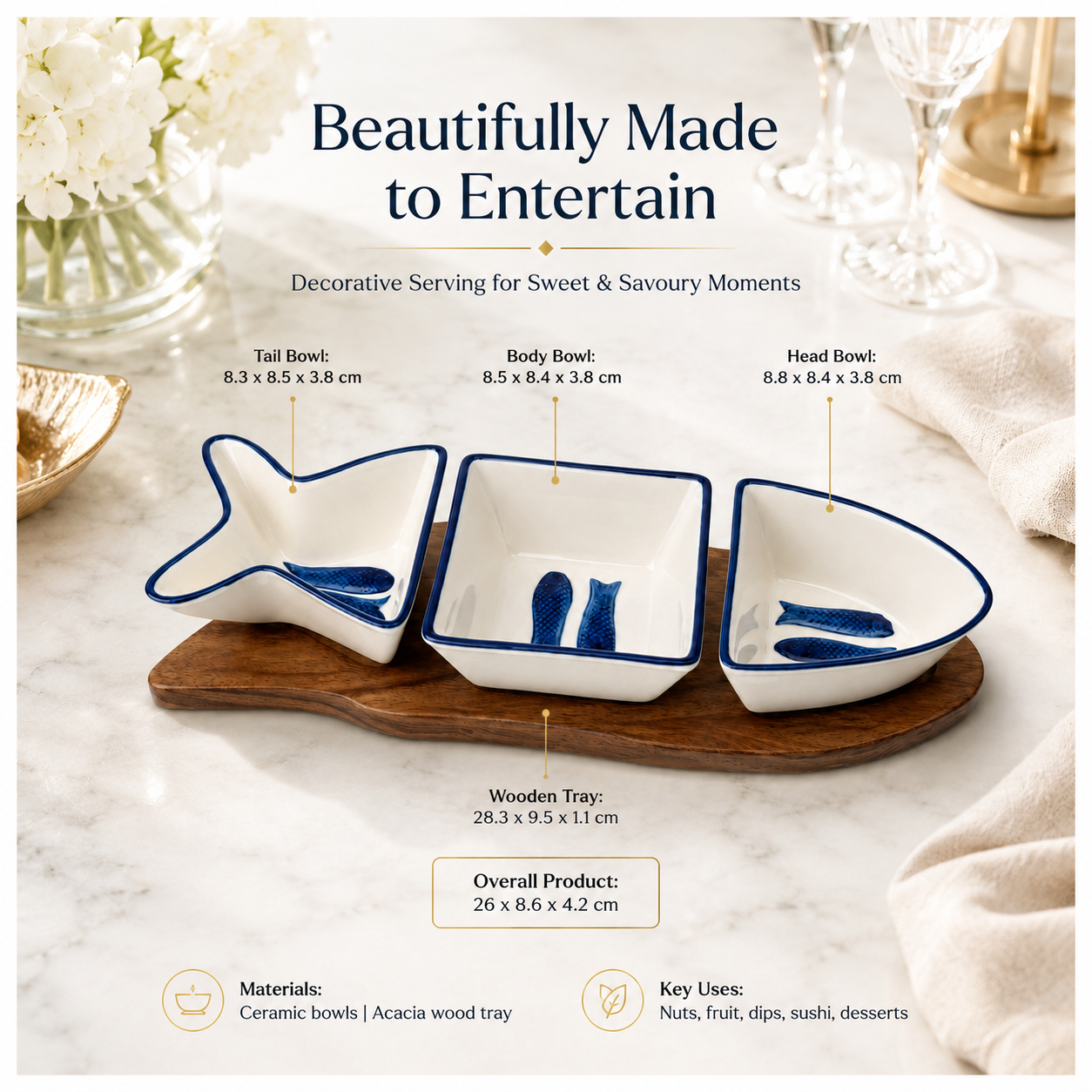 Beautiful Ceramic Fish-Shaped 4-Piece Snack Platter Wooden Acacia Tray