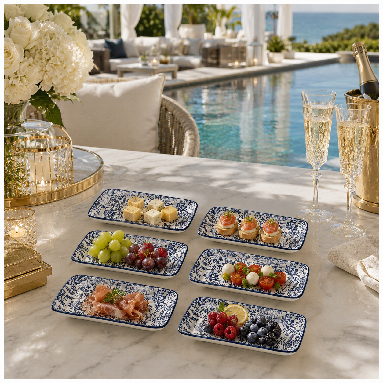 6-Piece Navy Floral Ceramic Side Plates for Luxe Hosting and Everyday Style