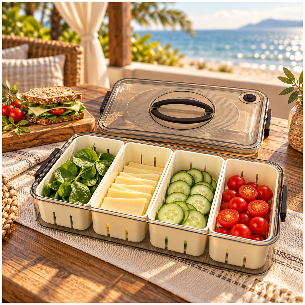 Portable 4-Compartment Snack Platter for Home, Picnics, Parties and Travel