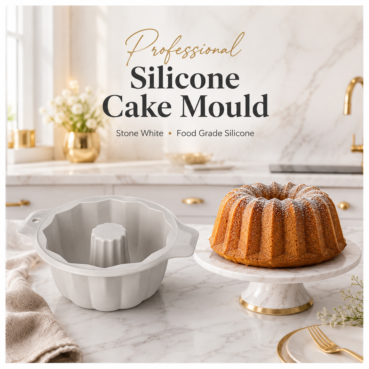 BPA Free Professional Silicone Cake Mould – Stone White Round Bundt Mould
