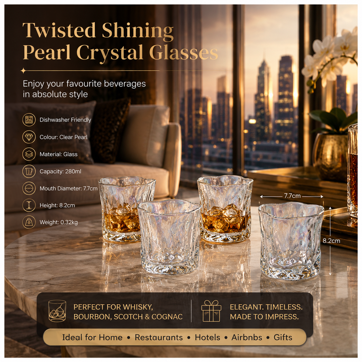 Luxury 4-Piece Twisted Shining Pearl Crystal-Look Glass Set – 280ml