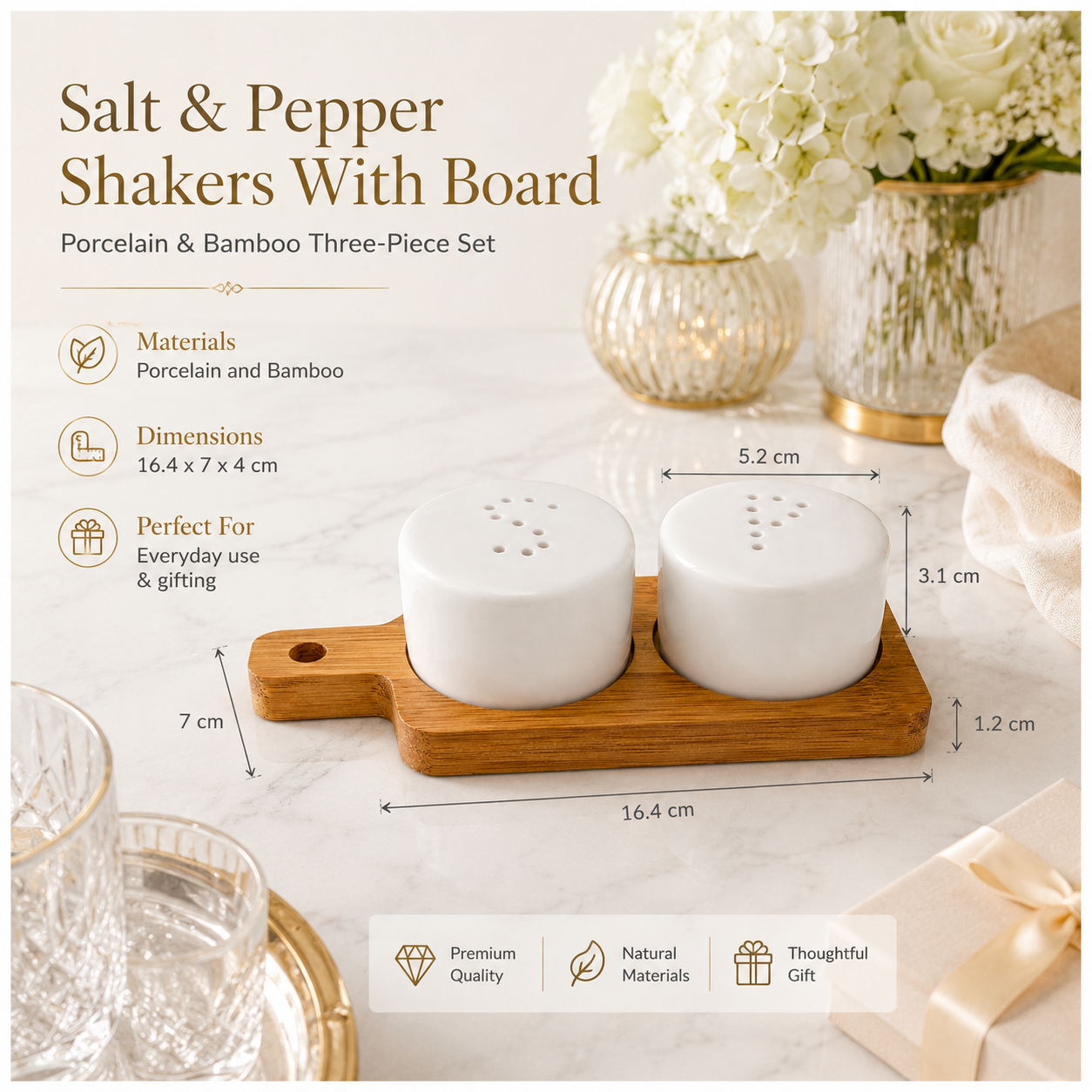 Classic Salt and Pepper Shakers with Bamboo Board – 3 Piece Porcelain Set