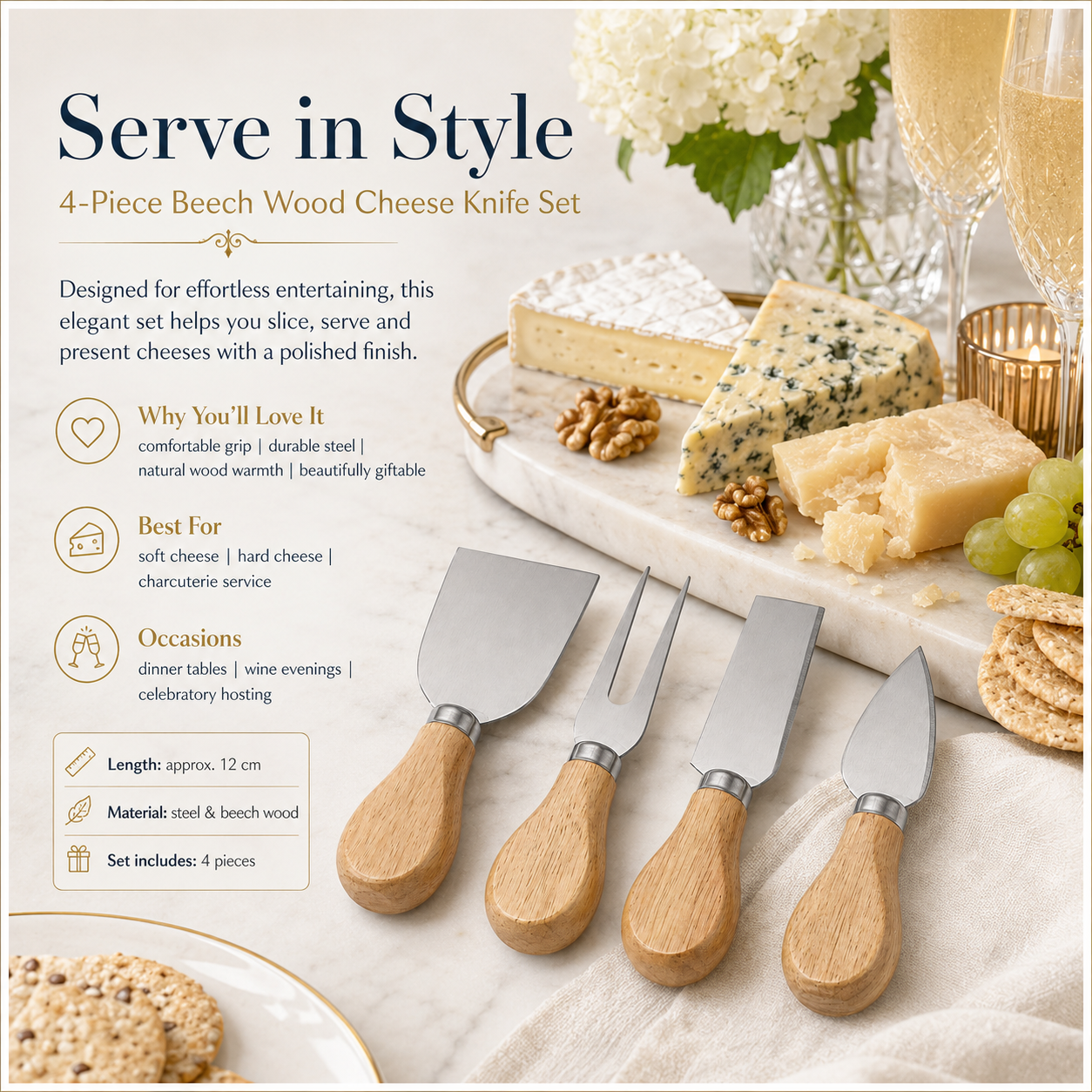 4-Piece Beech Wood Cheese Knife Serving Set - 12 cm