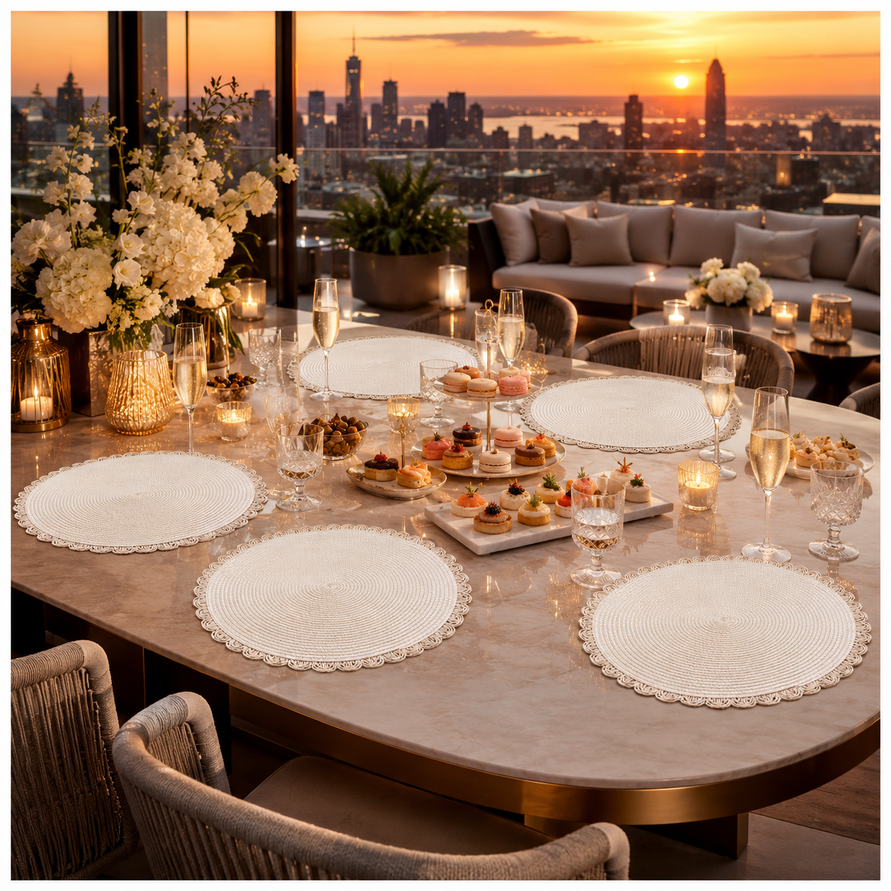 6-Piece Round Woven Straw Placemats with Scalloped Edge – 38cm