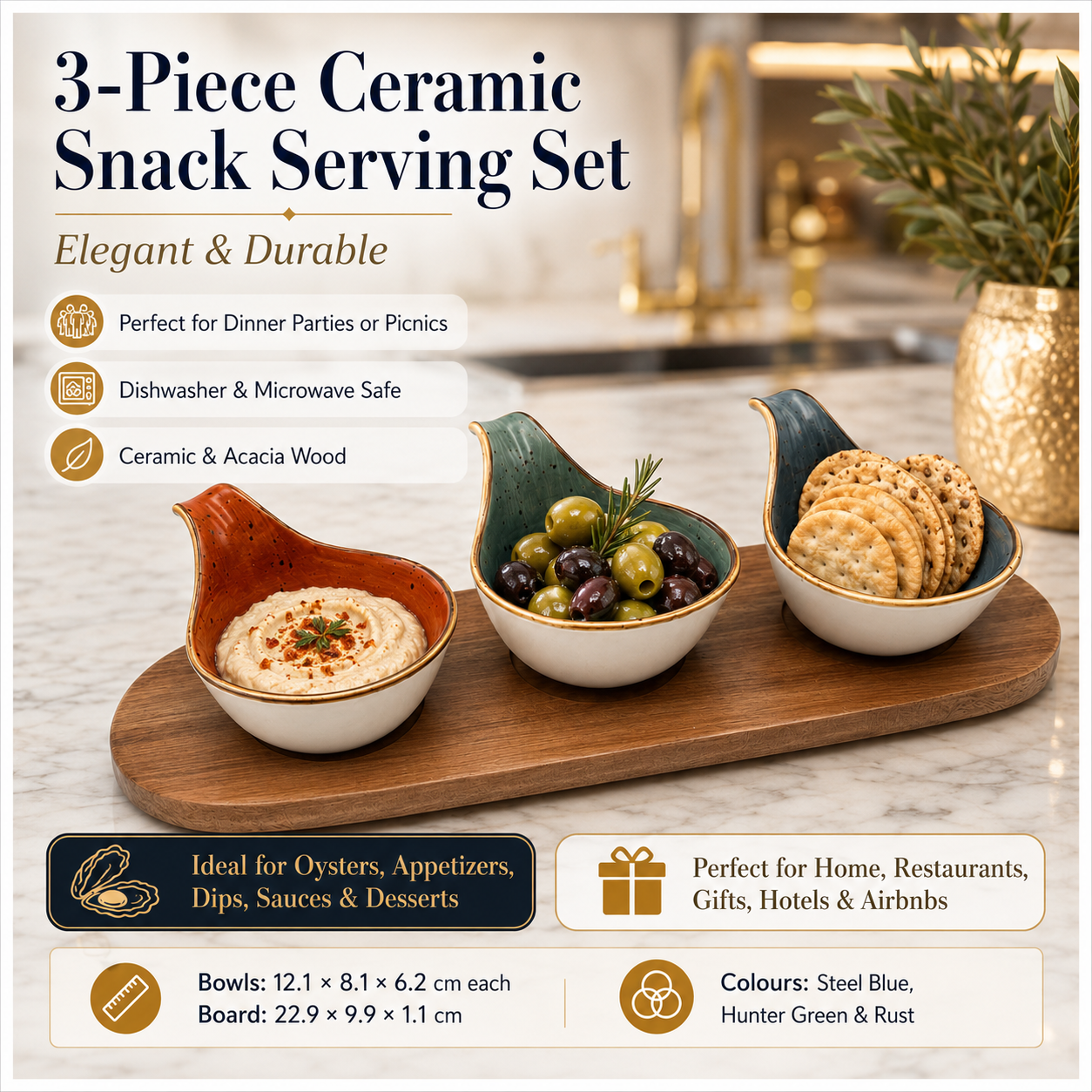 Elegant 3-Piece Ceramic Snack Bowl Set with Acacia Wood Serving Board