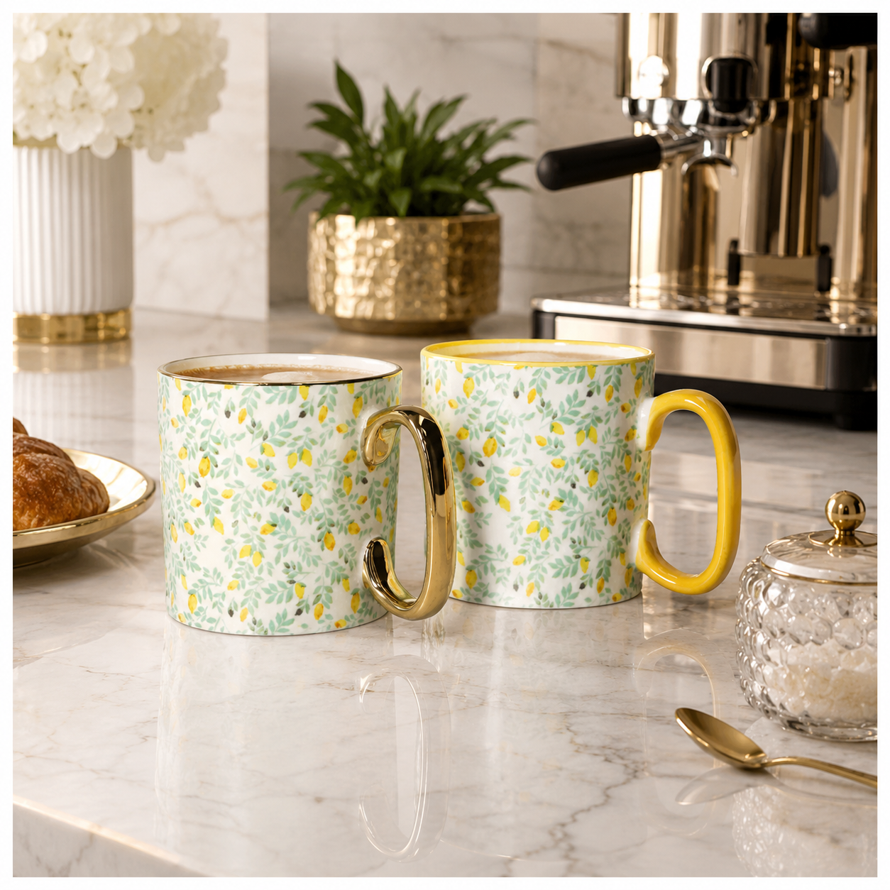 2-Piece Floral Porcelain Coffee Mug Set–Elegant Hot and Cold Beverage Mugs