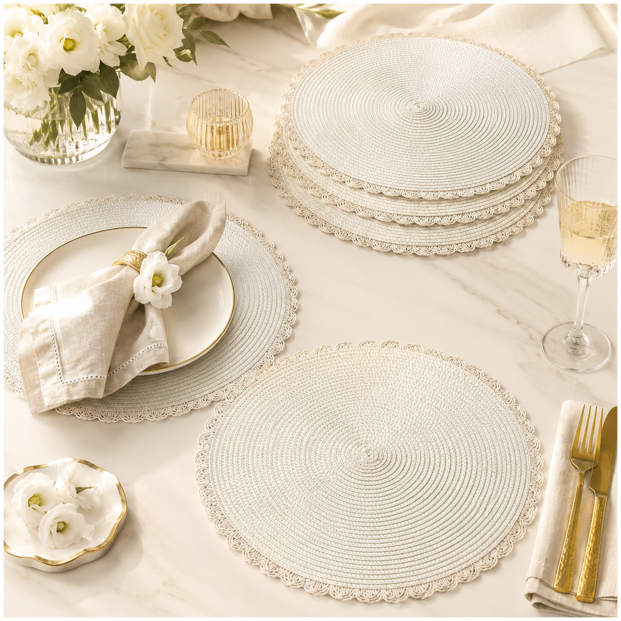 6-Piece Round Woven Straw Placemats with Scalloped Edge – 38cm
