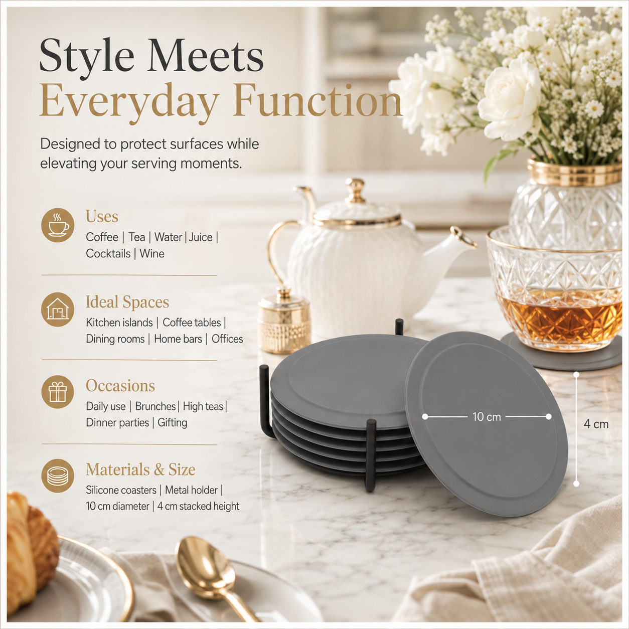 Grey Silicone Drink Coaster Set with Space - 6 Piece Set With Metal Holder