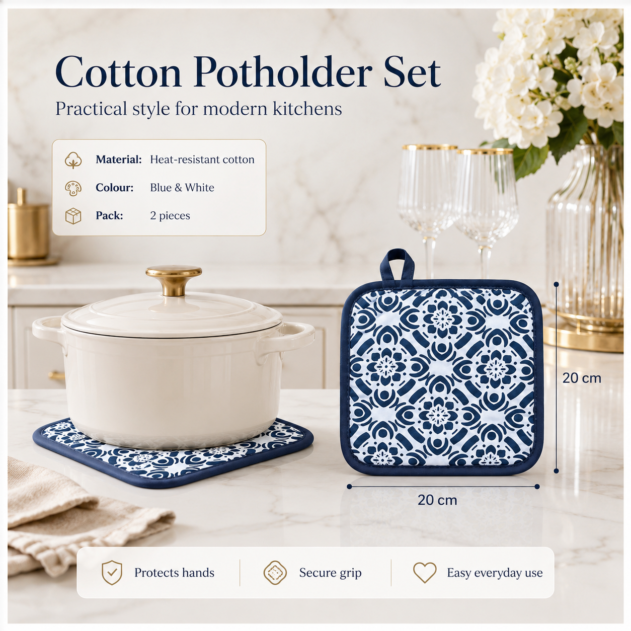 2-Piece Heat-Resistant Cotton Kitchen Potholder Set –Blue and White- 20 cm