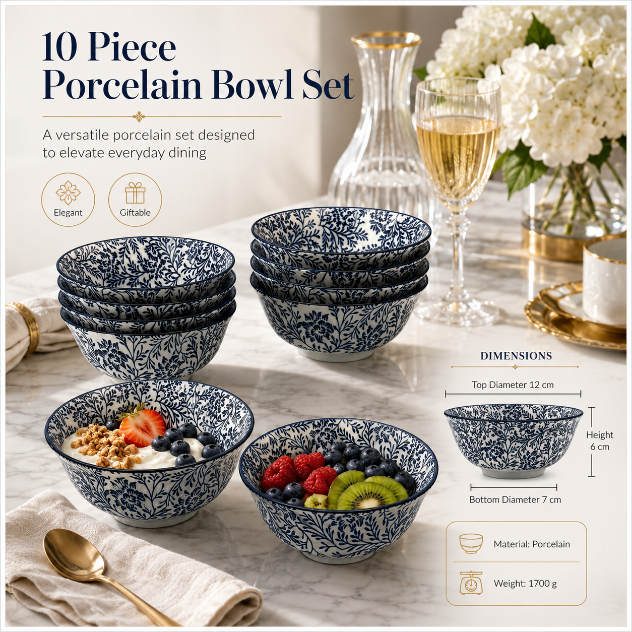 Elegant 10-Piece Blue White Porcelain Bowl Set - Beautiful Floral Serveware