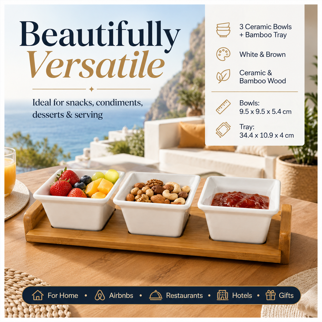 Elegant 4-Piece Ceramic Snack Serving Bowls with Bamboo Tray- 33 x 12 cm