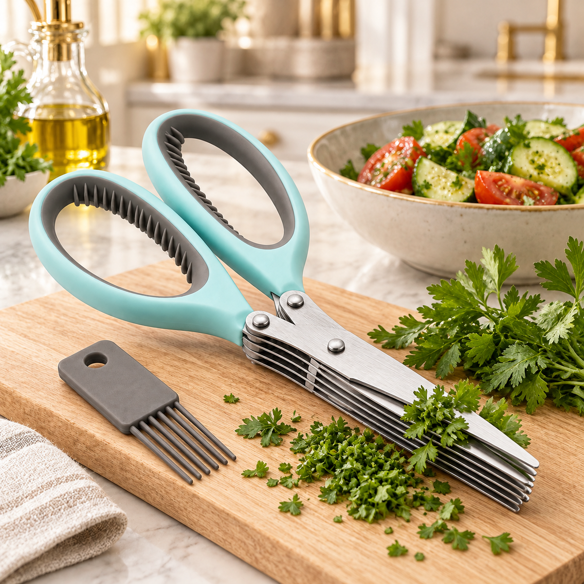 Multi-Blade Herb Scissors and Cleaning Comb Set-2 Piece ,Blue and Grey-20cm