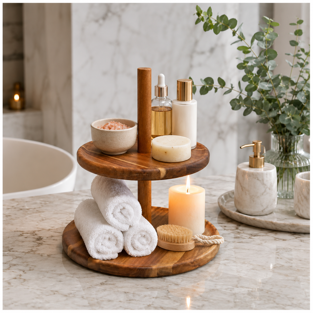 Natural Acacia 2-Tier Round Serving Platter - Wooden Display Stand - 28cm