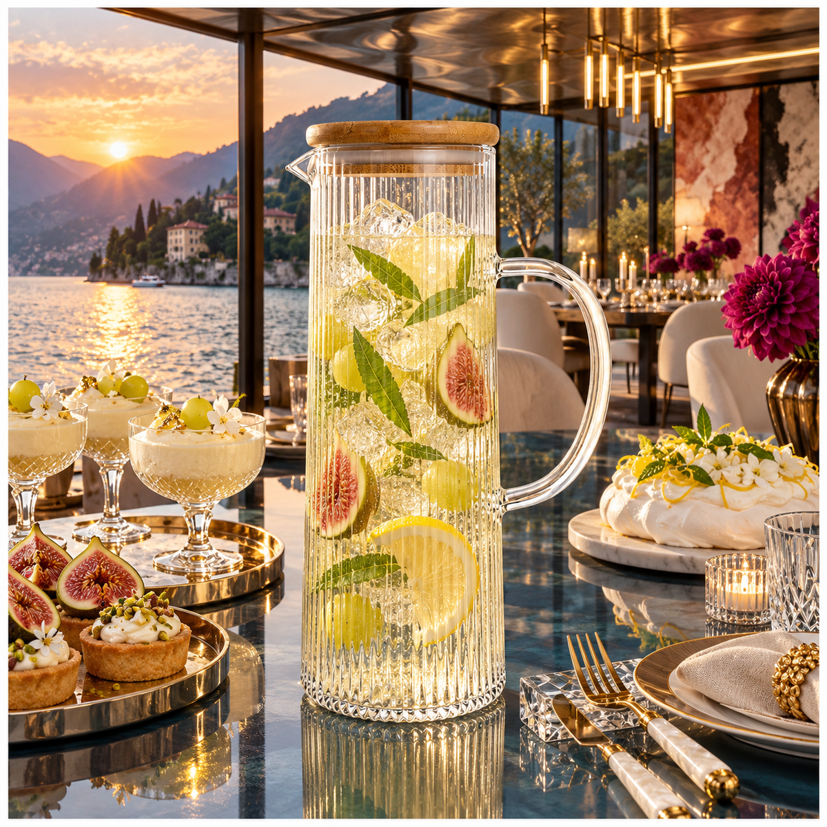 Elegant 1.2L Ribbed Crystal Glass Water Pitcher with Airtight Wooden Lid