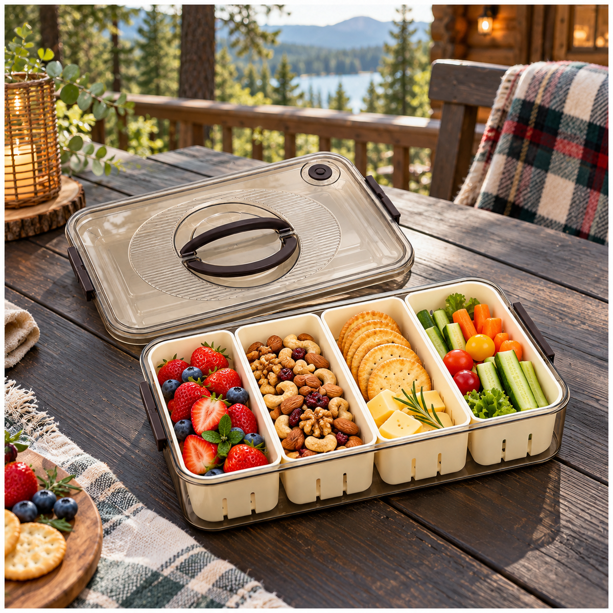 Portable 4-Compartment Snack Platter for Home, Picnics, Parties and Travel