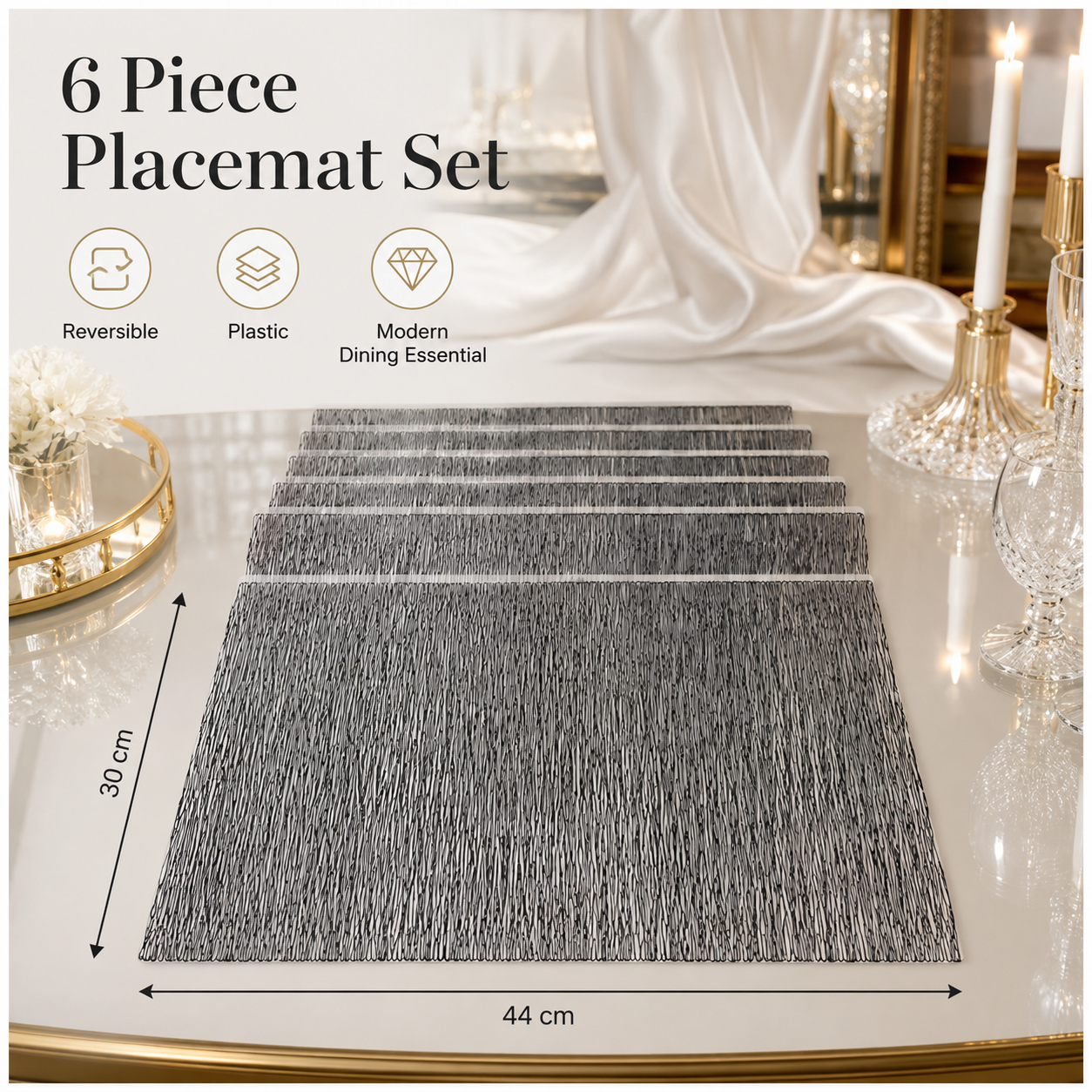 6-Piece Reversible Black Textured Waterproof Placemats – Dining Table Mats
