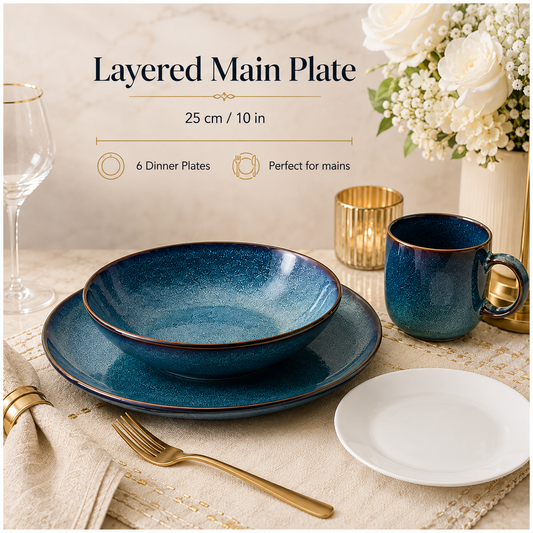 Elegant Modern 24-Piece Glazed Blue Ceramic and Glass Dinnerware Set for 6