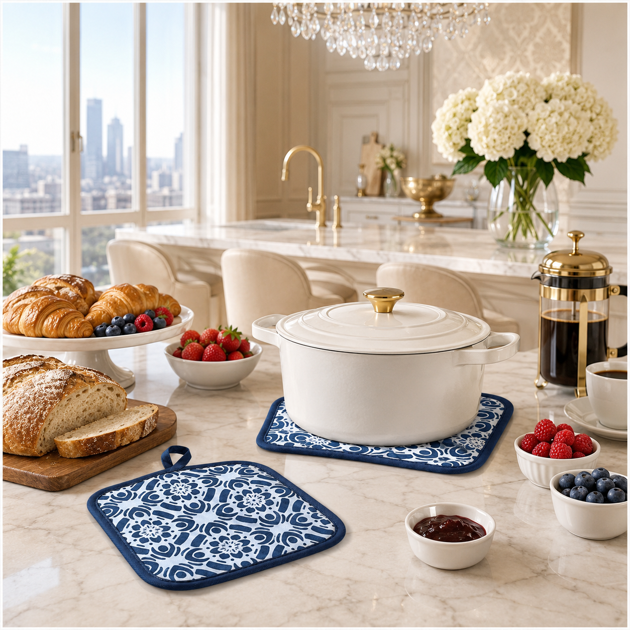 2-Piece Heat-Resistant Cotton Kitchen Potholder Set –Blue and White- 20 cm