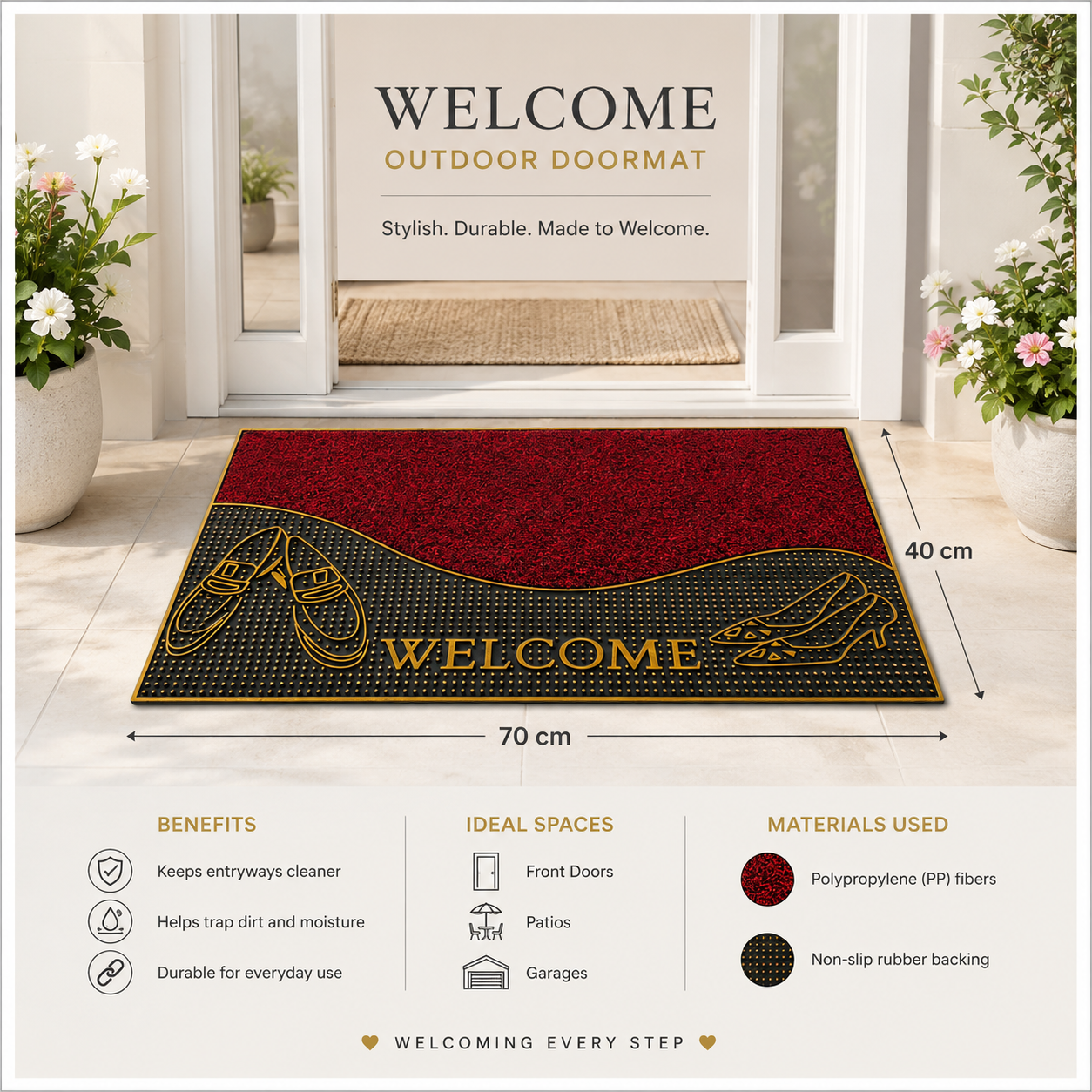 Heavy Outdoor Entrance Door Mat 70 x 40 cm | Non-Slip Dirt Trapper Rug