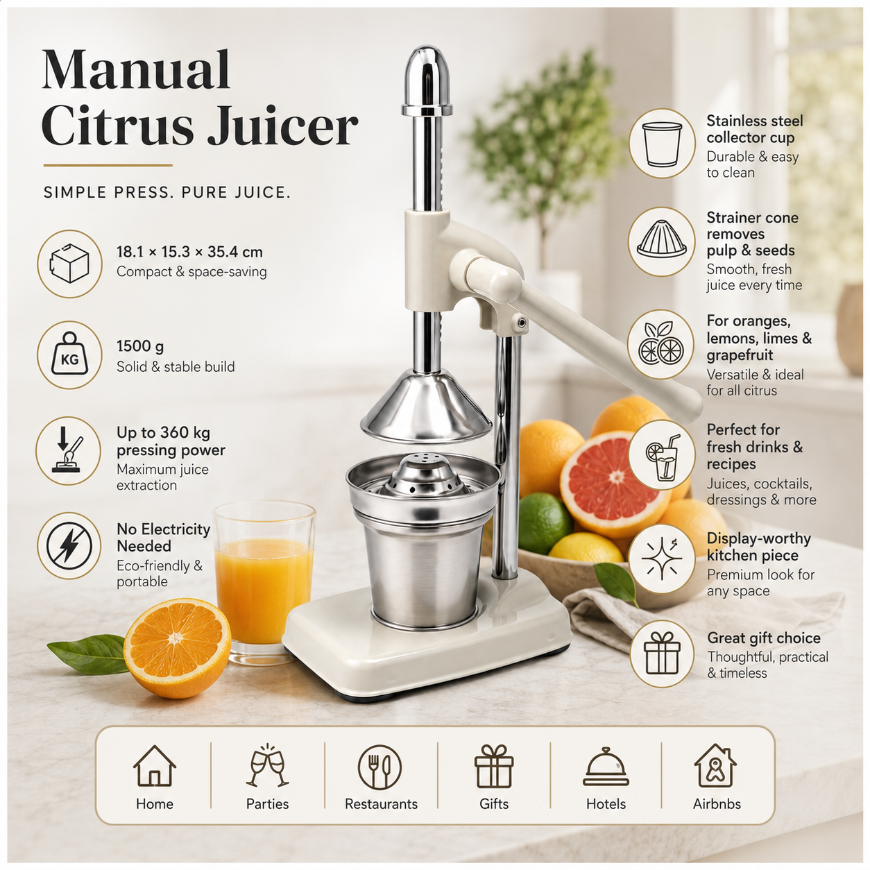 Manual Citrus Juicer- Lever Arm Juice Press with Stainless Steel Cup- 35 CM