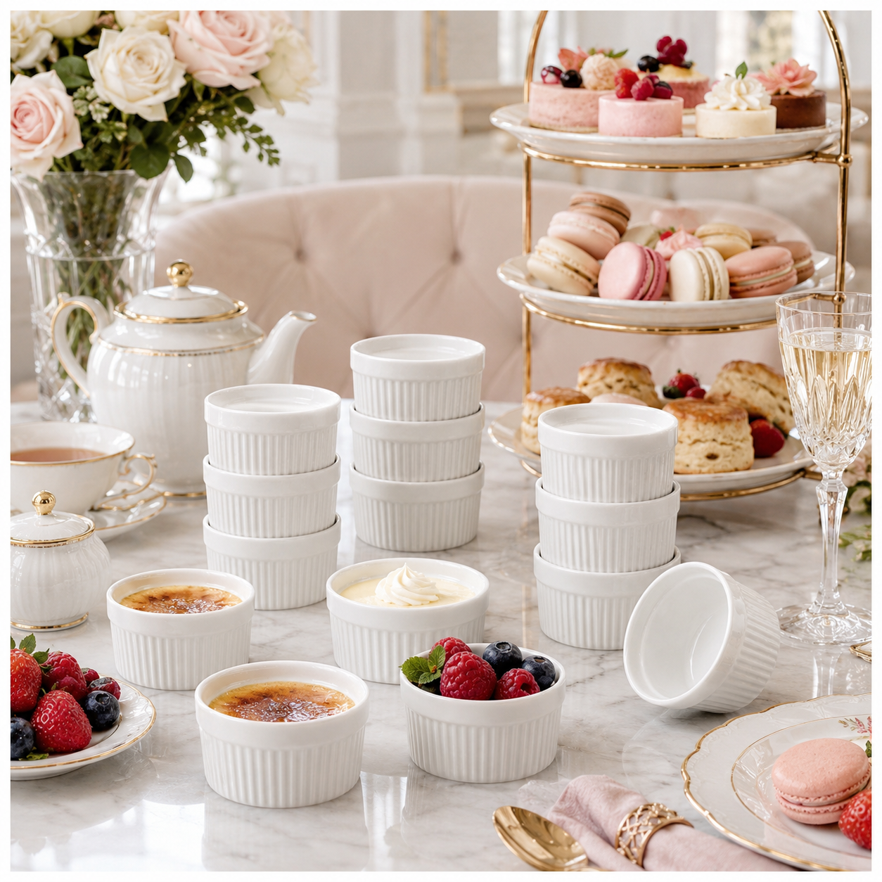 White Porcelain Ramekins Set of 12–Classic Ribbed Dessert and Baking Bowls