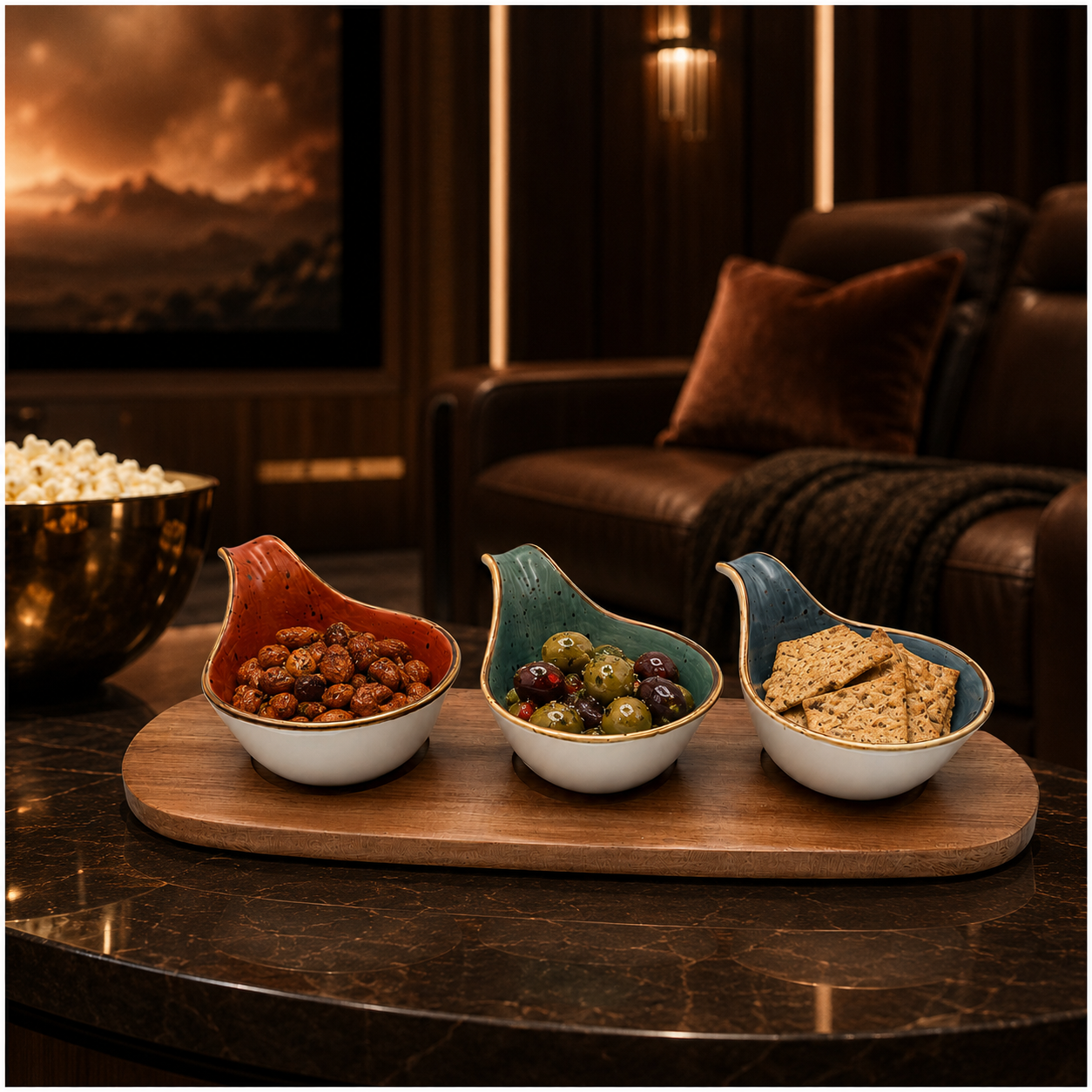 Elegant 3-Piece Ceramic Snack Bowl Set with Acacia Wood Serving Board