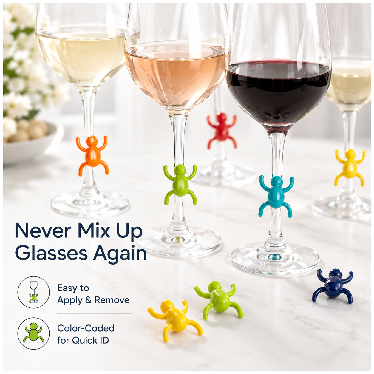 Charming 12-Piece Silicone Spider Wine Glass Marker Set - Multicolour