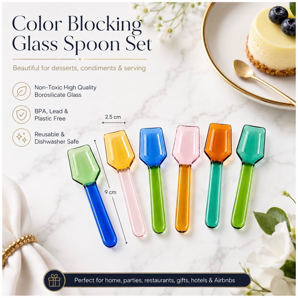 High Quality BPA Free-Color Blocking Borosilicate Glass Spoon-Set of 6- 9cm
